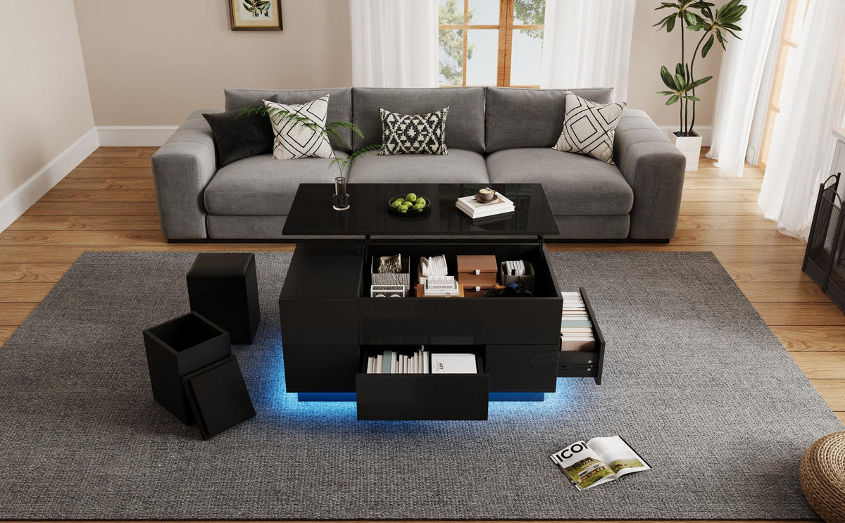 KONFERENČNÍ stolek 100/50/45 cm, černý, s LED, výškově nastavitelný s úložným prostorem - černá, kompozitní dřevo (100/50/45cm) - BEAOK