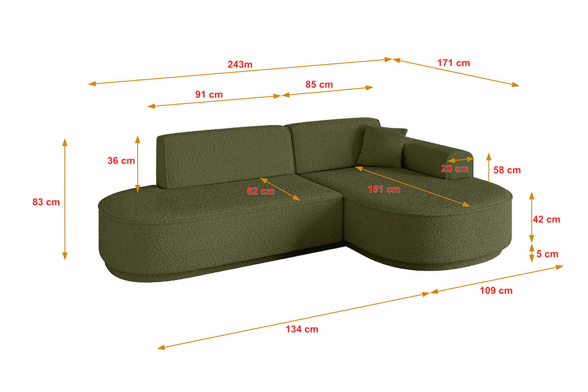 ECKSOFA Ottomane Rechts MARI-L1-v3 - 243x171x83 cm Grün Bouclé - Schwarz/Grün, Holzwerkstoff/Kunststoff (171/243cm) - ALTDECOR