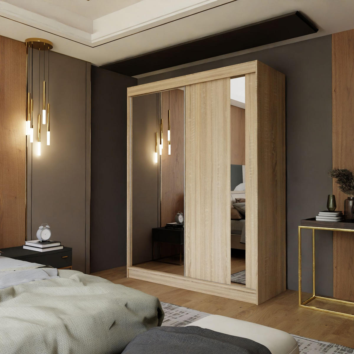 SCHWEBETÜRENSCHRANK GRAZIA 150/216/61 cm 2-türig mit Spiegel Sonoma Eiche - Sonoma Eiche, Holzwerkstoff (150/216/61cm) - MASSENO