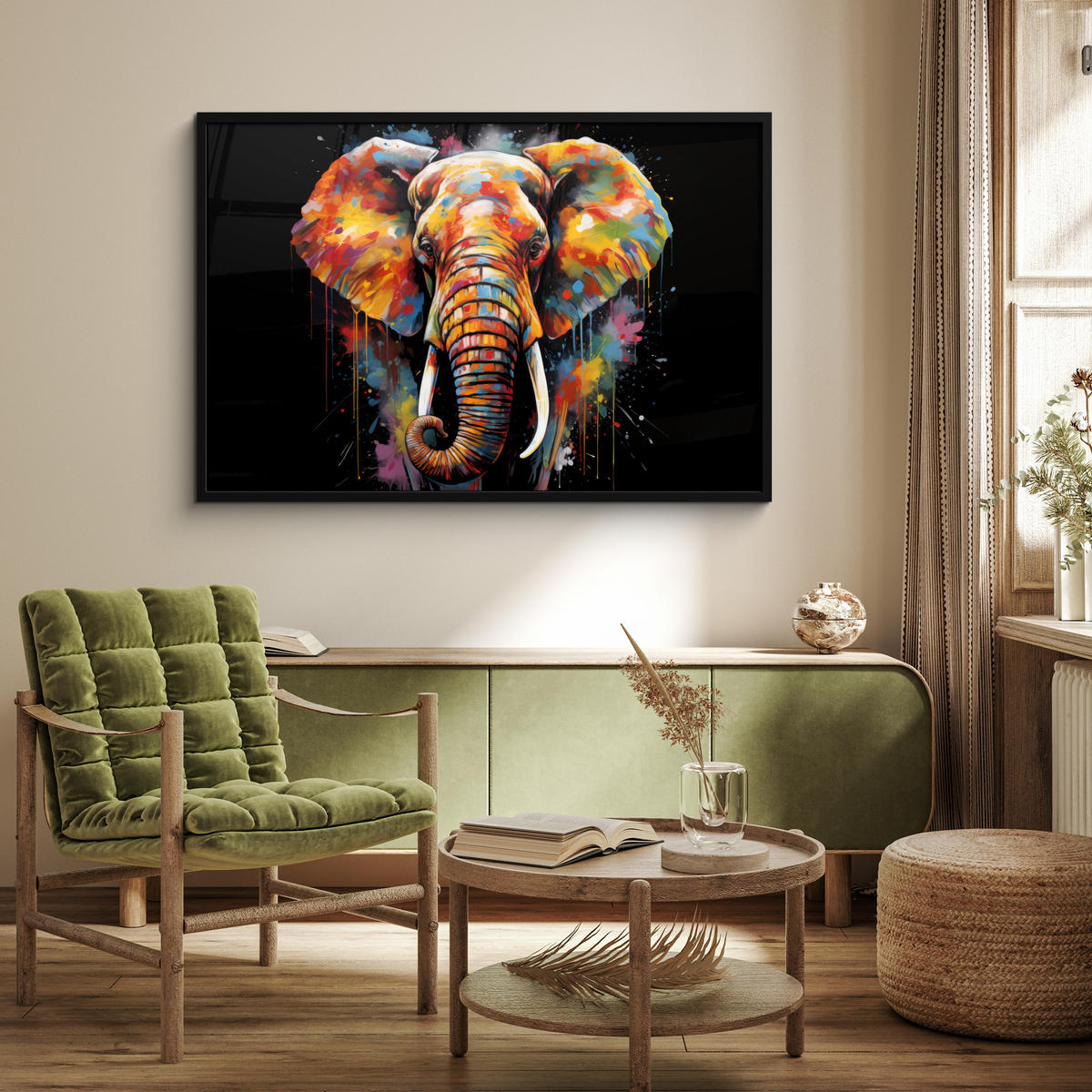 POSTER MIT RAHMENGERAHMTES BILD Elefant - Graffiti - Schwarz - Tiere - Farben 120x80 cm - Schwarz, Papier (120/80cm) - MuchoWow