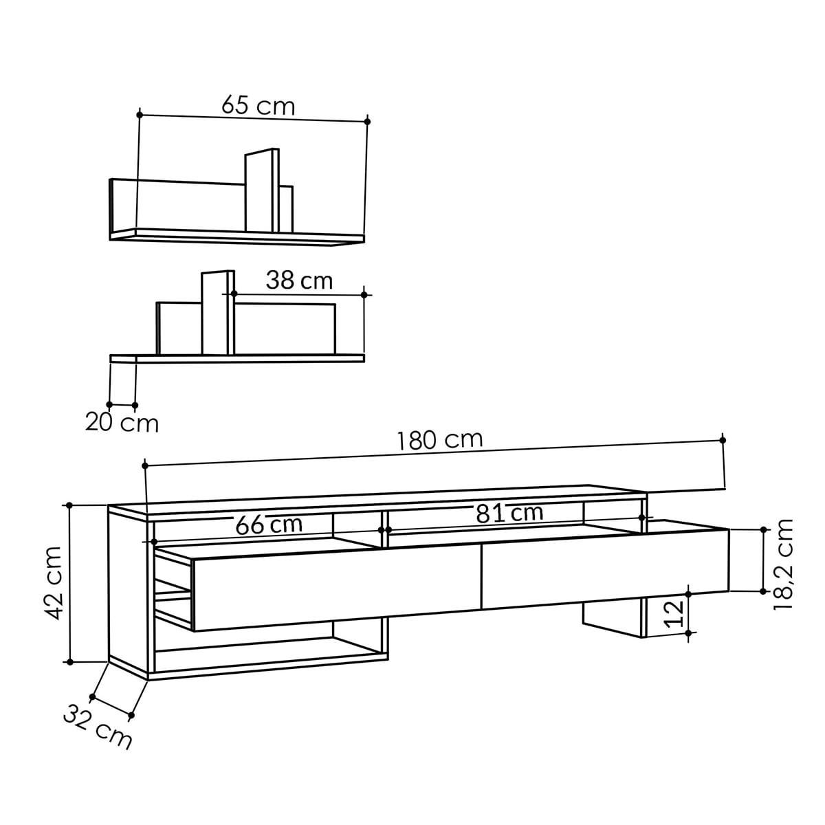 TV-MÖBEL mit 2 Türen und 2 Wandregalen L180 cm - Gara - Anthrazit, Holzwerkstoff (32/42/180cm) - Calicosy
