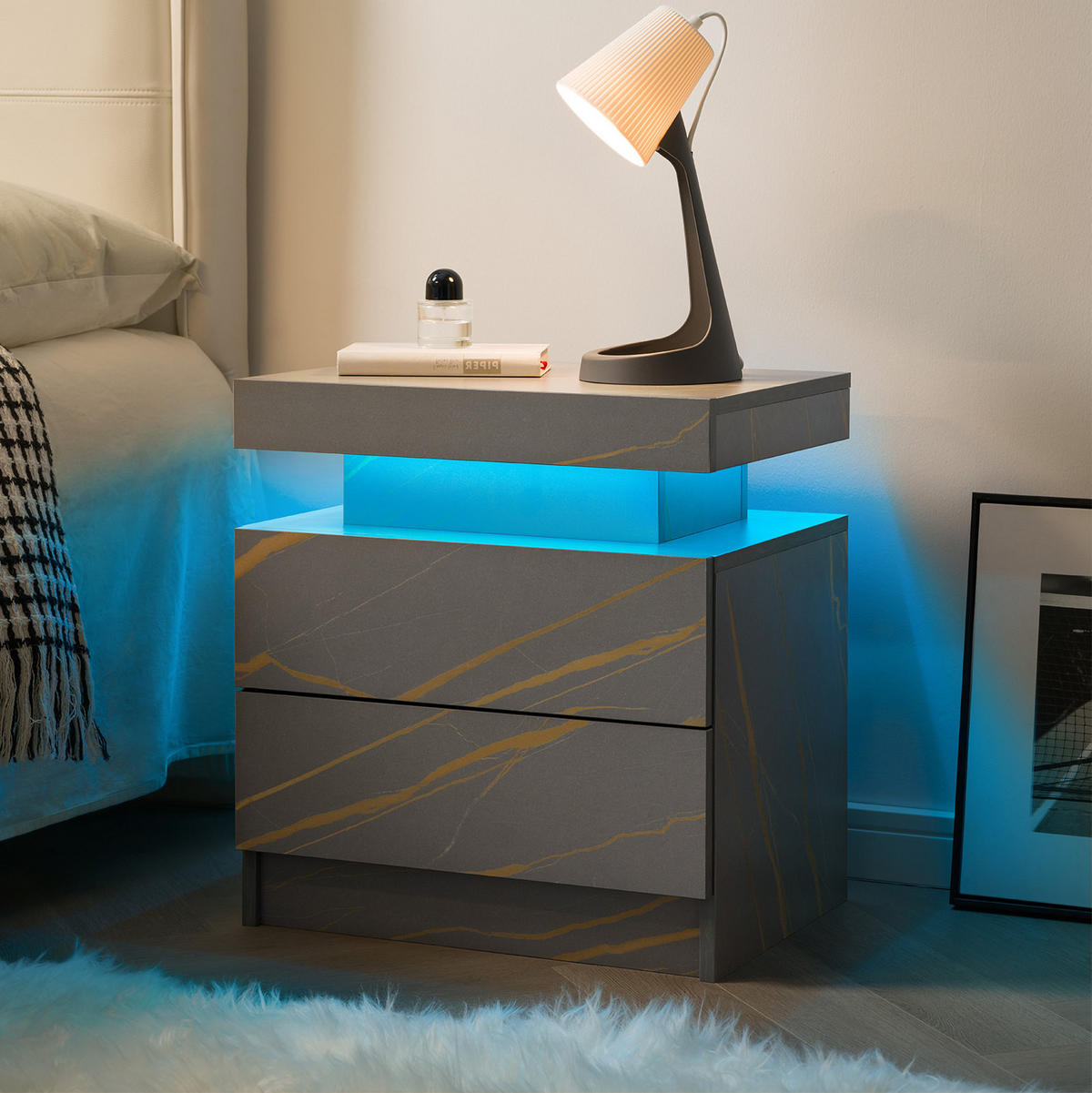 NACHTTISCH 50/53/36 cm Grau und Gold aus Holzwerkstoff mit LED-Beleuchtung und 2 Schubladen - Grau, Holzwerkstoff (53/36/50cm) - OKWISH