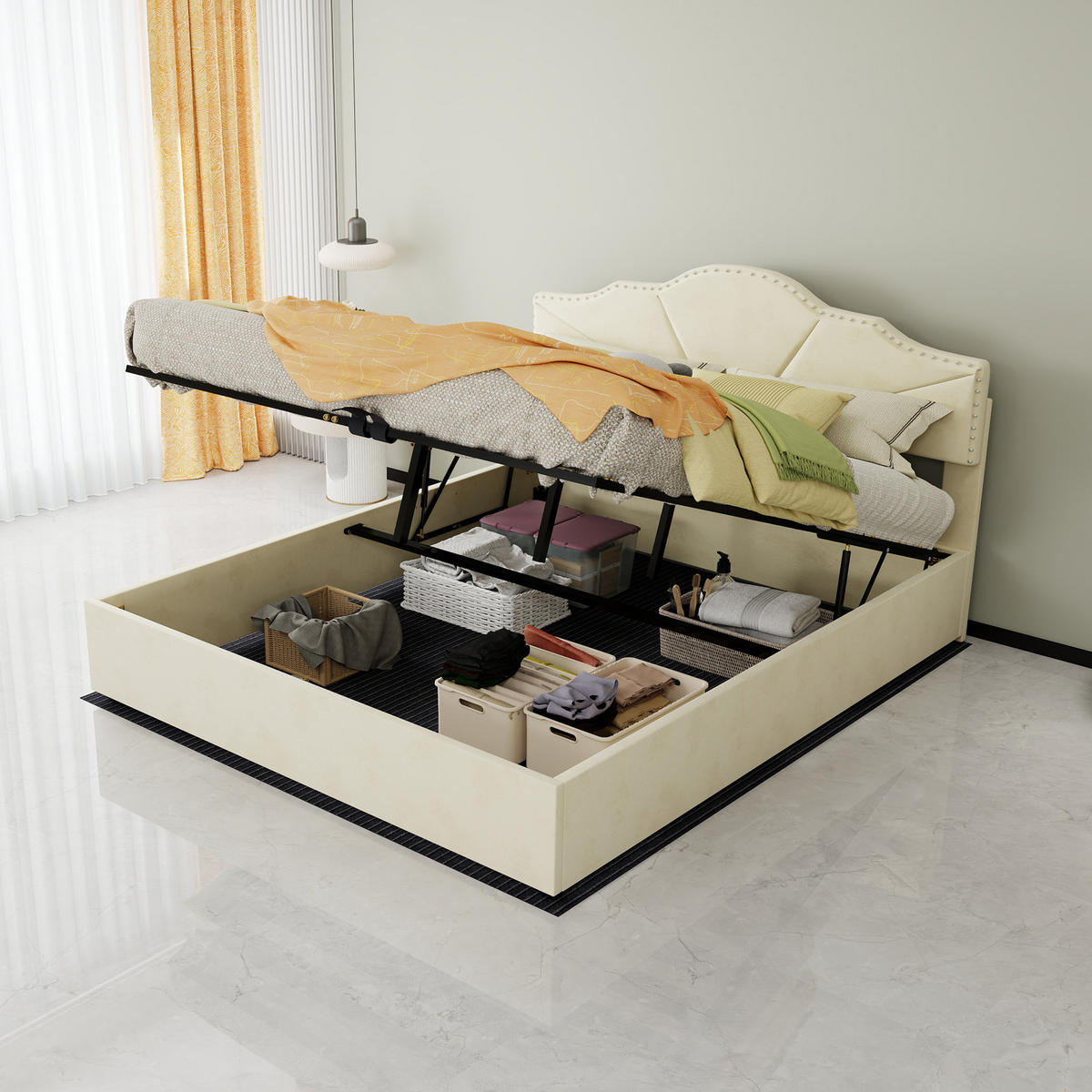 POLSTERBETT 160/200 mit hydraulischem Bettkasten und gepolstertem Kopfteil aus Holland-Samt in Beige - Beige, Holzwerkstoff/Textil (160/200cm) - EVRYAE
