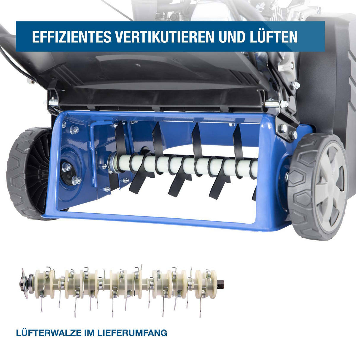 BENZIN-VERTIKUTIERER Lüfter SC4002G Rasenlüfter Moosentferner (40 cm, 5.6 PS, 40L Fangkorb) - Blau, Metall (58.5/111/115cm) - HYUNDAI