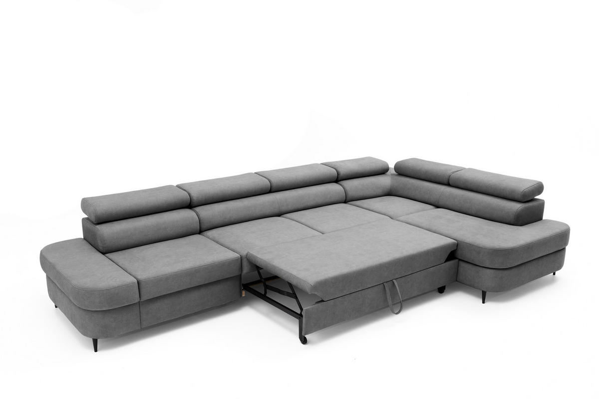 ECKSOFA PRIAM MAXI L-Form mit Schlaffunktion & Bettkasten, 6-Sitzer, 350cm, Verstellbare Kopfstützen, Ottomane Rechts - Grau, Holz/Textil (350/203cm) - Muffo