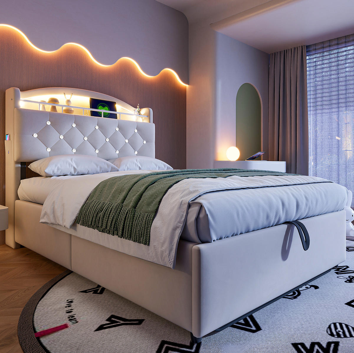 POLSTERBETT Kinder 90/200 cm Beige mit Stauraum, LED und USB-Anschlüssen - Beige, Textil (90/200cm) - OKWISH