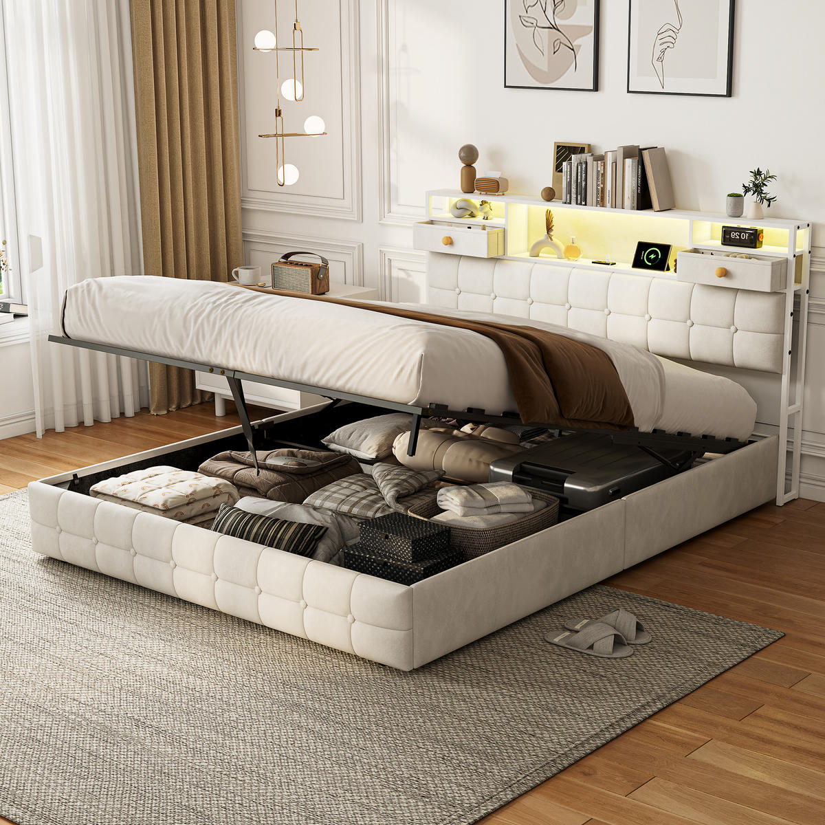 BETT 160x200 mit 2 Schubladen am Kopfteil, Hydraulik-Stauraum, LED und USB, Samt in Beige - Beige, Holz (160/200cm) - BRILVERDE