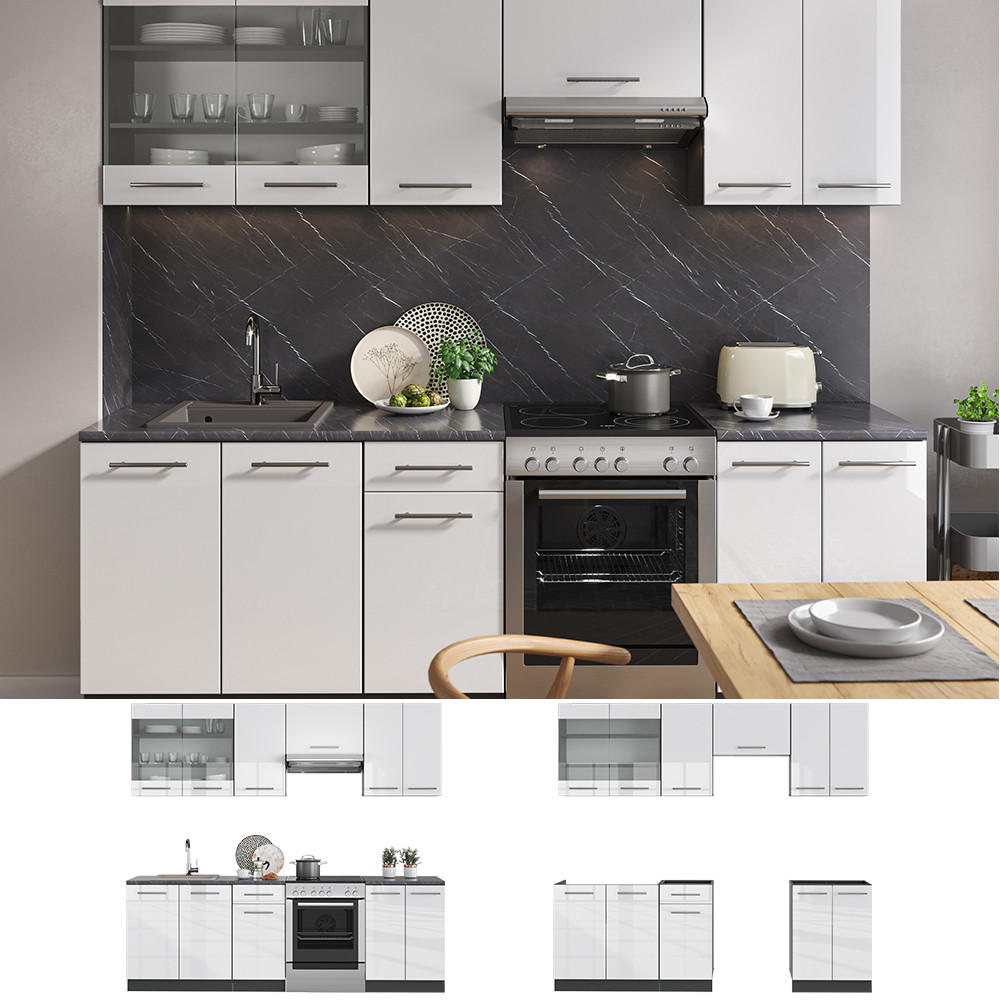 Thumbnail - Vicco Küchenzeile, Weiß Hochglanz, Holzwerkstoff, Küchenblock,Rechteckig, 240x81.6x60 cm, Küchen, Küchenzeilen & Küchenb...