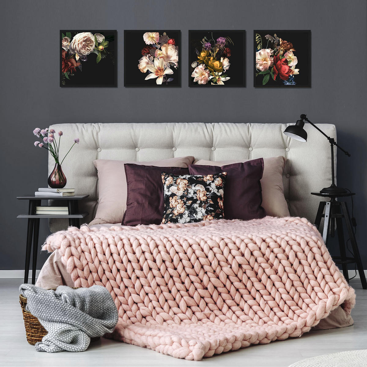 BILDER-SET mit Rahmen 4 x 30x30 cm Vintage Blumen schwarz - Gelb, Holz (30/30cm) - artissimo