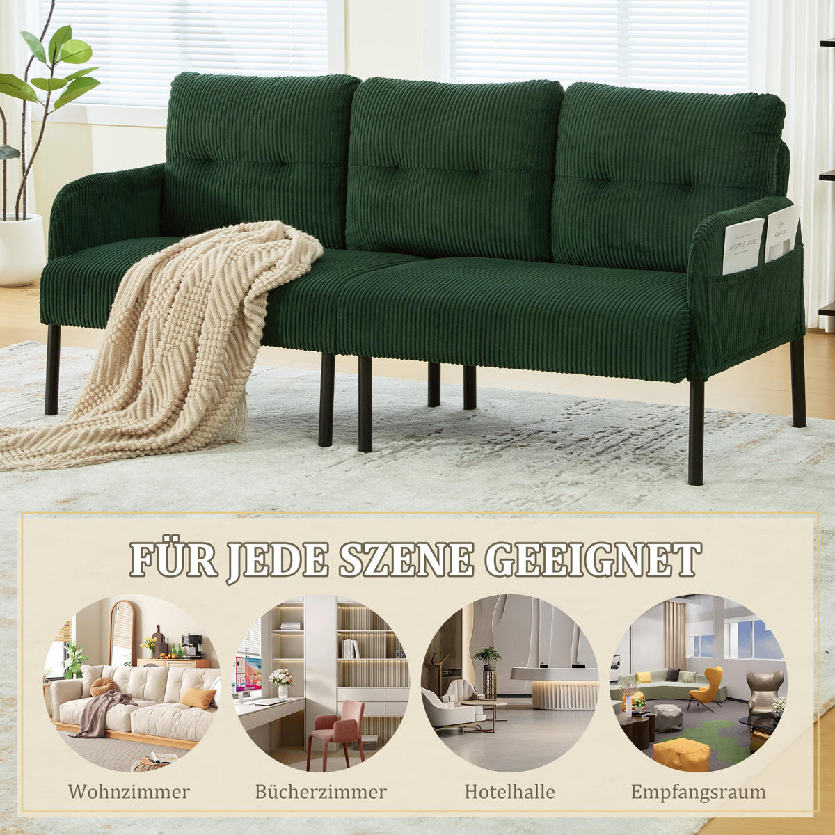 3-SITZER Sofa mit Seitentaschen, Metallgestell & Leinenstoff, 171cm, Grün - Schwarz/Grün, Textil/Metall (171/80/72cm) - LVHOM