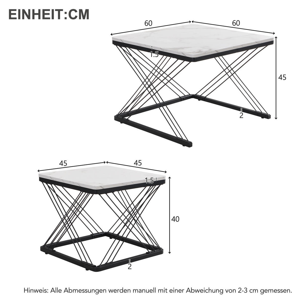 COUCHTISCH 60/60/45 cm & 45/45/40 cm hochglänzende Marmoroptik 2er-Set - Schwarz, Holzwerkstoff (60/60/45cm) - OKWISH