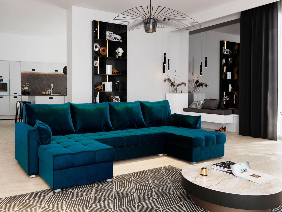 WOHNLANDSCHAFT NAKO Blau Plüsch-Stoff mit Schlaffunktion - Blau, Holz (285/85/140cm) - MASSENO