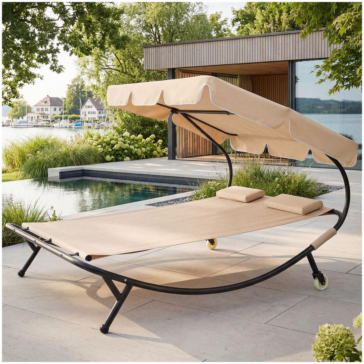 GARTENLIEGE Livorno, 215 x 183 x 150 cm, schwarz/beige - Beige/Schwarz, Kunststoff (185/175/195cm) - tectake