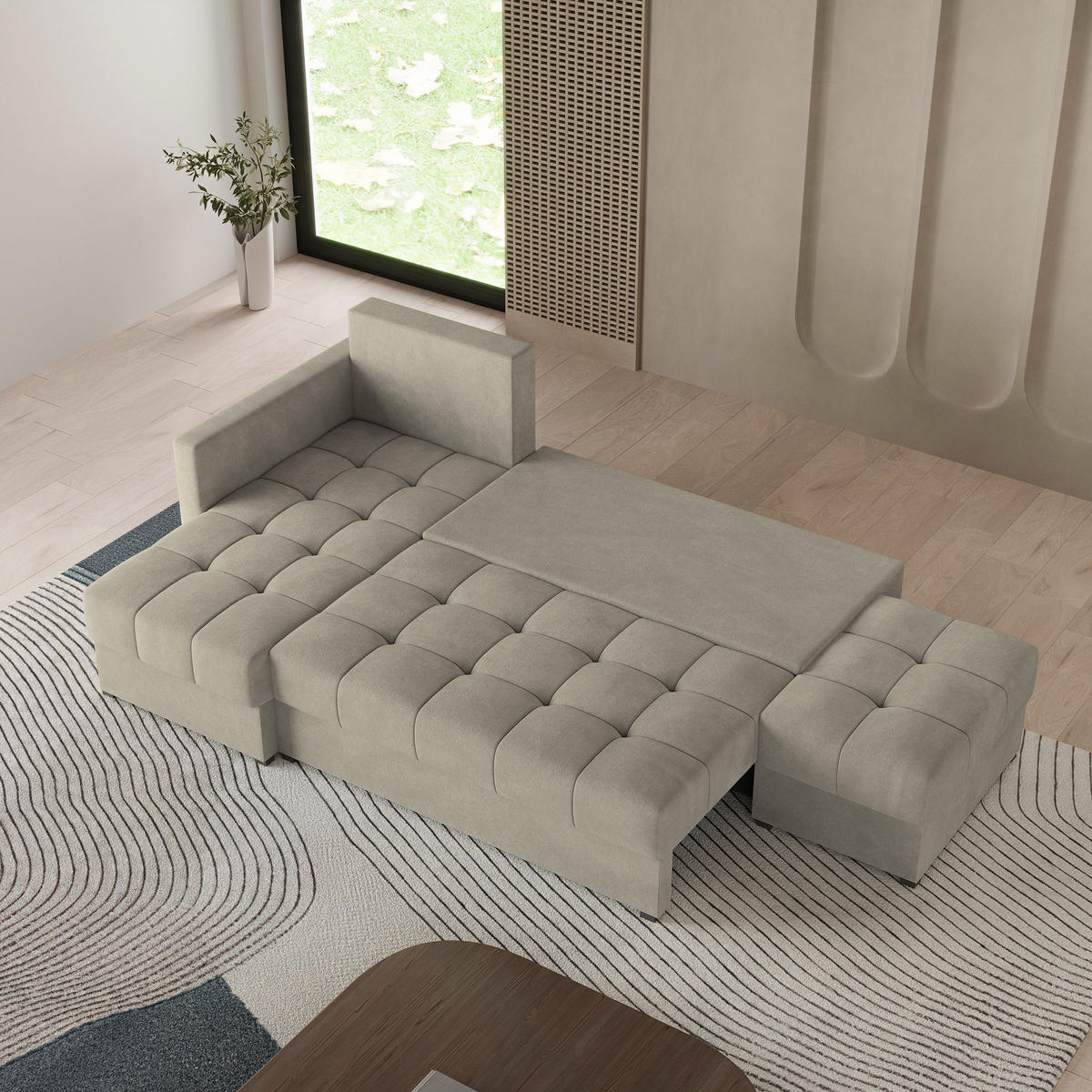 ECKSOFA LUMARI L-S Beige Plüsch-Stoff mit Schlaffunktion - Beige, Holz (262/143cm) - MASSENO