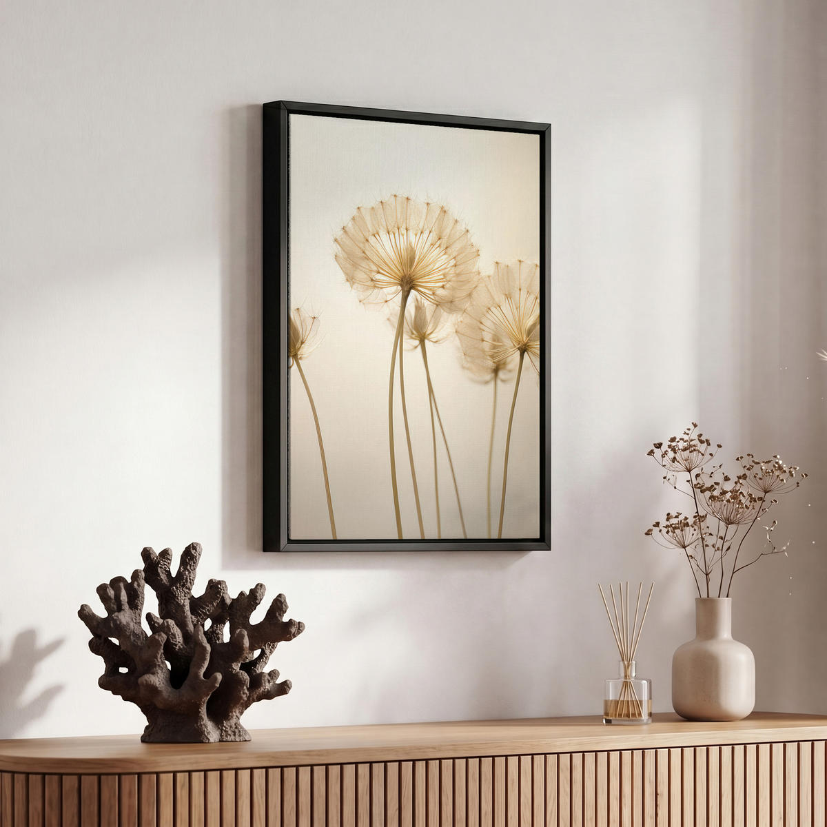 LEINWAND Bilder mit Rahmen - Sonnenlicht - Löwenzahn - Botanisch - Blumen - 20x30 - Creme, Textil (20/30cm) - MuchoWow