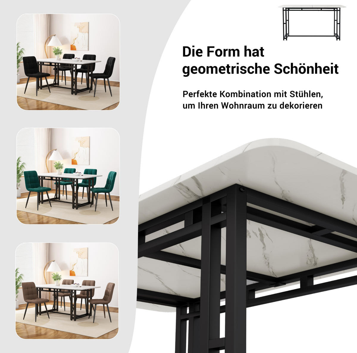 ESSTISCH-SET 5-tlg. 140 cm Schwarz MDF Samt - Schwarz, Metall (80/74/140cm) - Meubliv