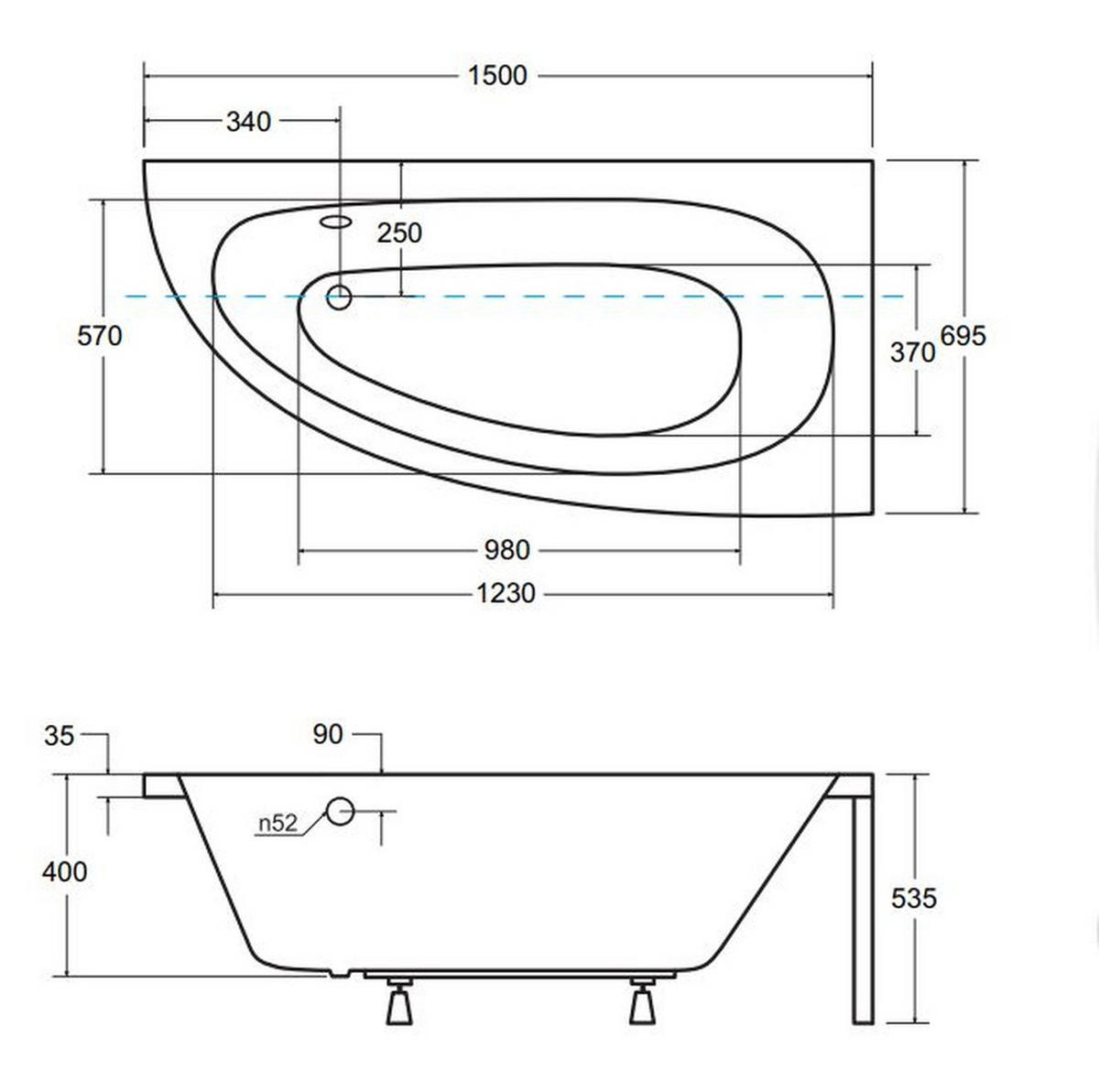 BADEWANNE Eckwanne MILENA PREMIUM 150/70 Rechts mit Styro Ablauf Füße - Weiß, Kunststoff (70/53.5/150cm) - bad land