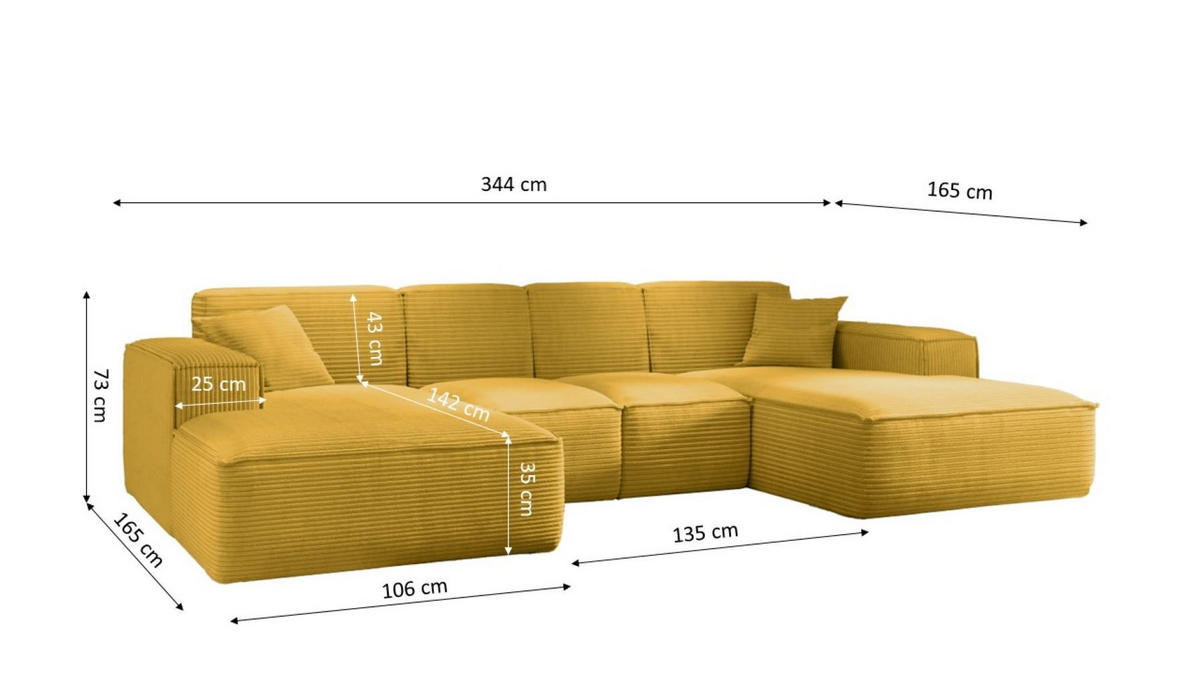ECKSOFA, Eckcouch U form, Wohnzimmer Couch Large 342cm SIENA stoff Poso Gelb - Gelb, Holz/Textil (344/165cm) - Kaiser Möbel