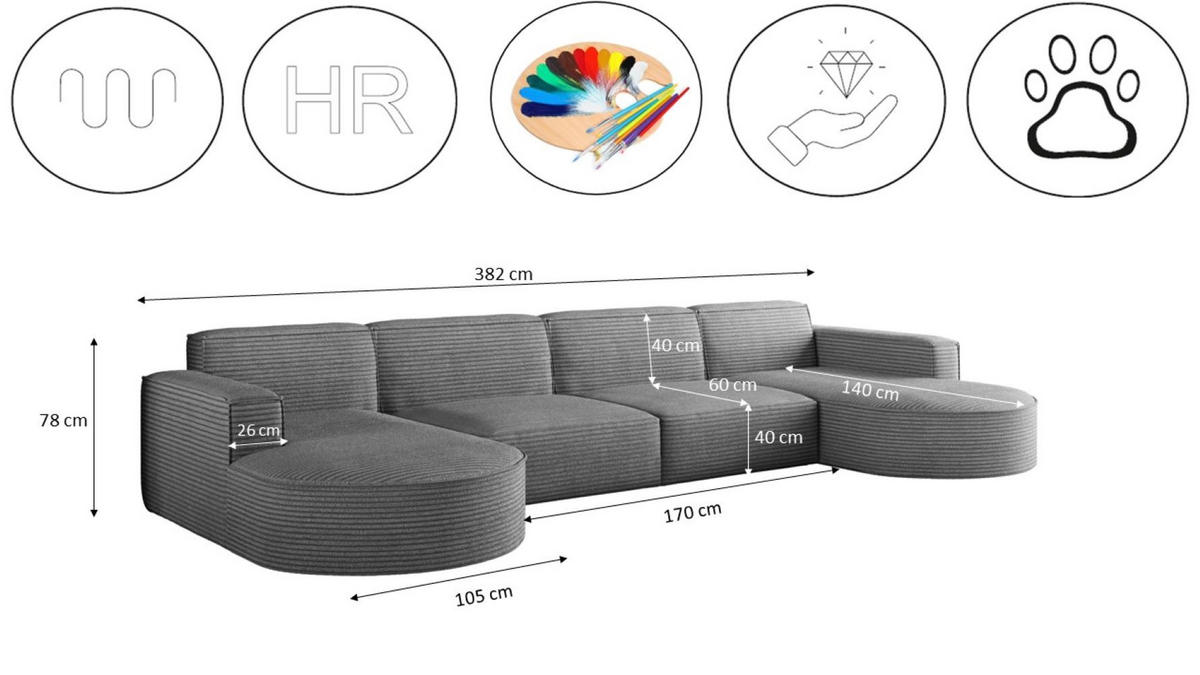 ECKSOFA U-Form XL Designer MODENA stoff Dicker Cord Poso Grau - Grau, Holz (165/382cm) - Kaiser Möbel