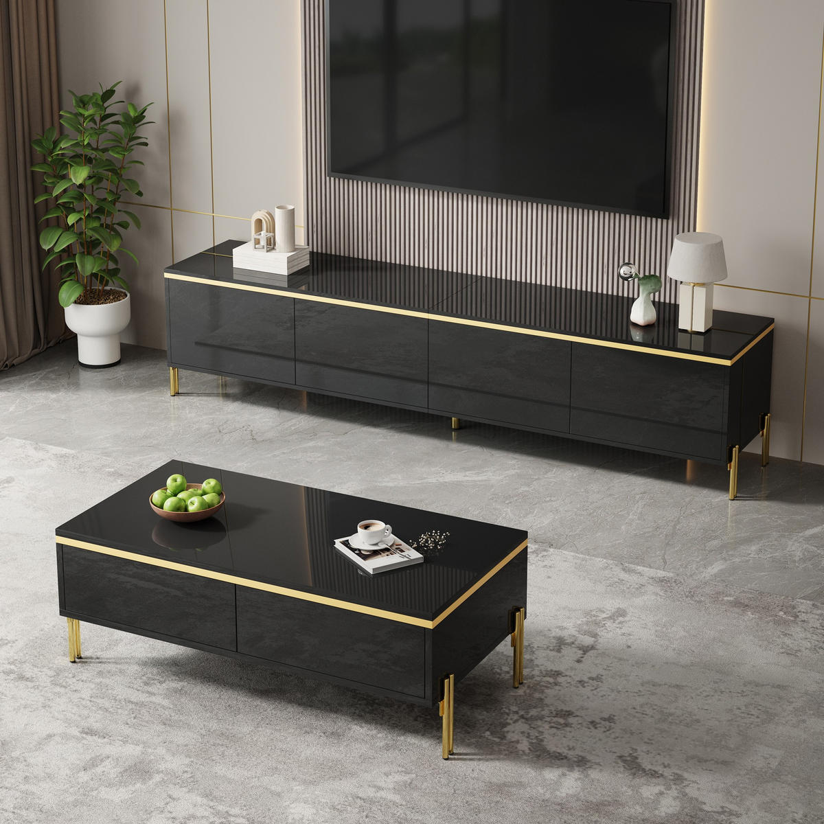 LOWBOARD DE-40132 und Couchtisch mit Hochglanzfront Schwarz - Schwarz, Holzwerkstoff (170/50/38cm) - ComfortXL