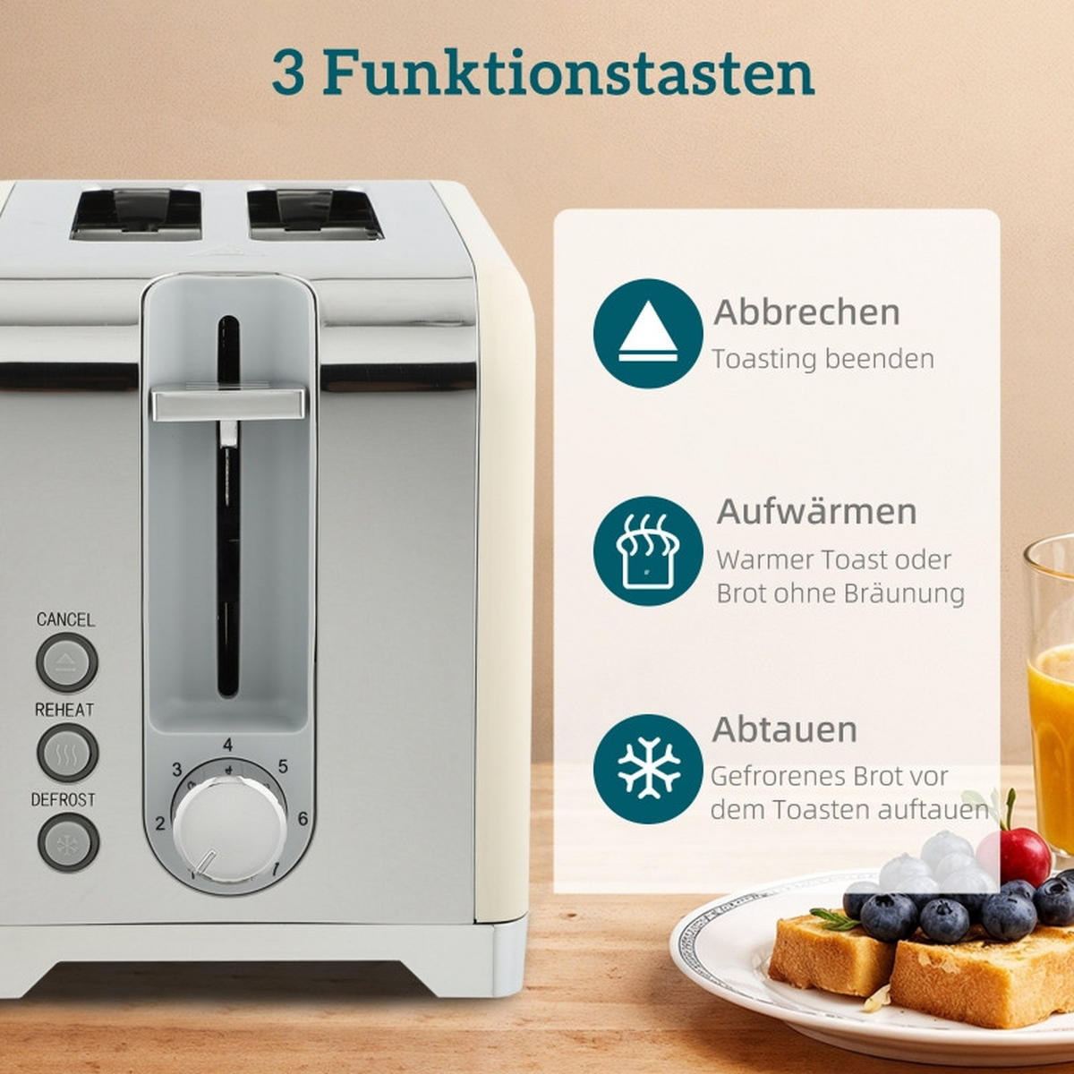 WASSERKOCHER 2-tlg 1,7L Wasserkocher-Toaster-Set Creme 2200W Retro 7-Bräunungsstufen - Weiß, Kunststoff (16/24.4/23.5cm) - Raelunyi