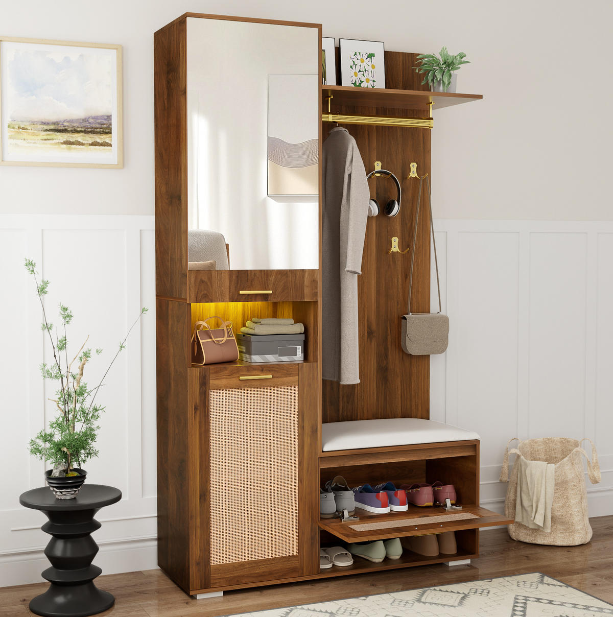 DIELENGARDEROBE 110/38/190 cm mit 6 Haken, Spiegel und Sitzbank - Walnussfarben, Holzwerkstoff (38/190/110cm) - BEAOK