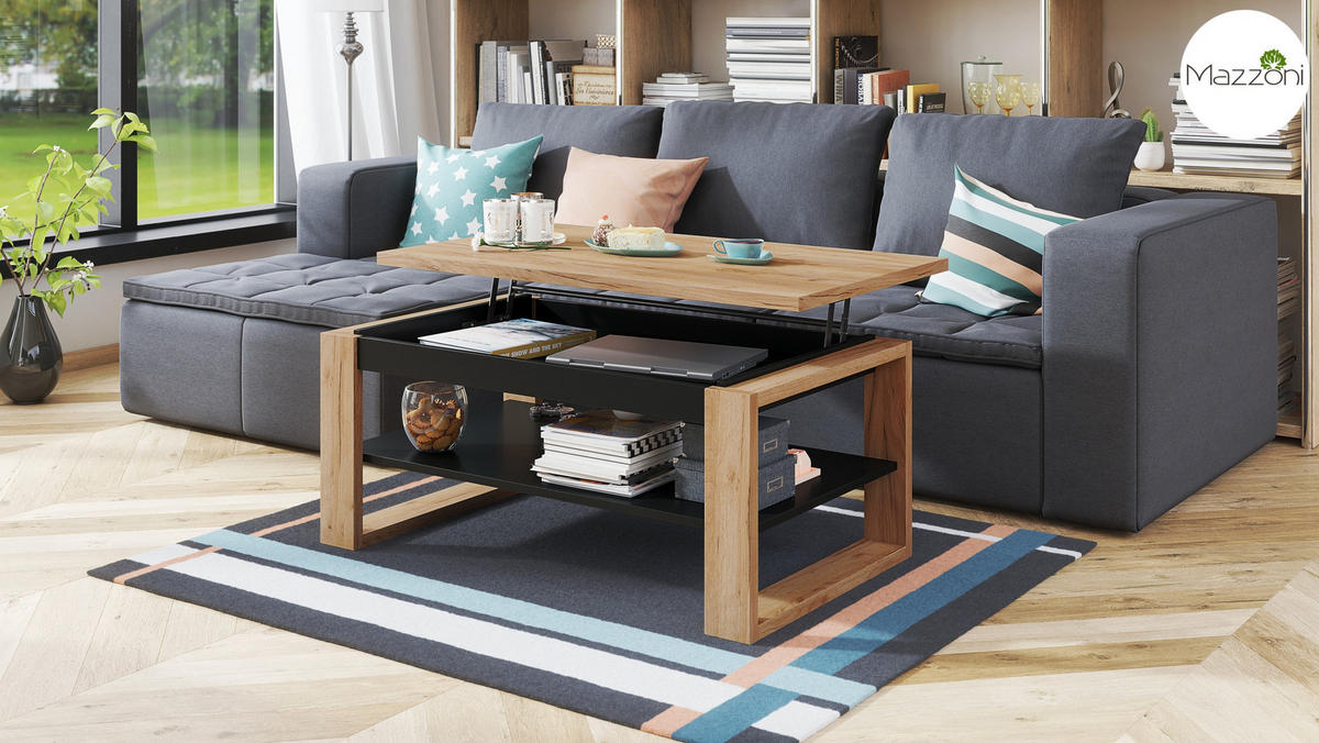 COUCHTISCH rechteckig Eiche Gold Schwarz aufklappbar 110/65/50 cm - Eichefarben/Schwarz, Holzwerkstoff (65/110/50cm) - designimpex