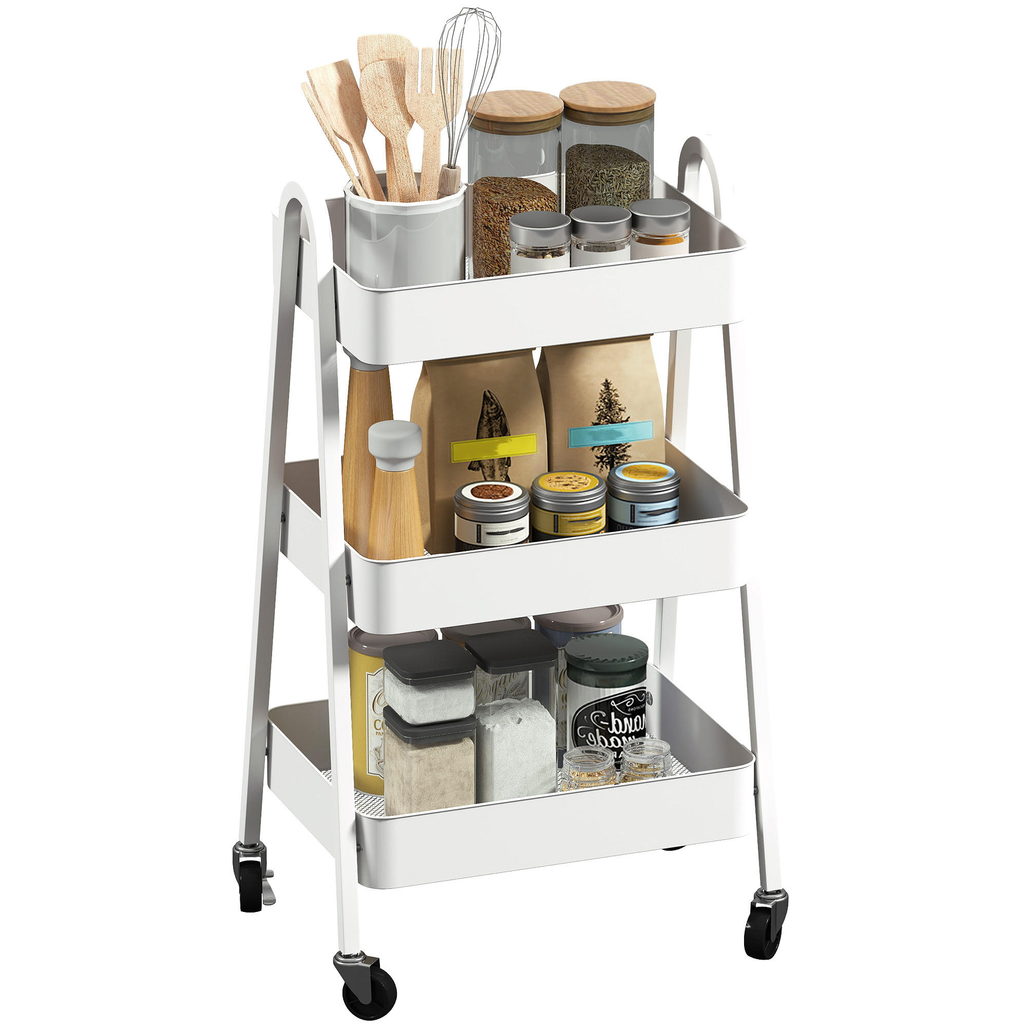 SERVIERWAGEN mit 3 Ebenen Küchenwagen mit Rollen Griff, Weiß - Weiß, Metall (42.4/74.5/29.8cm) - HOMCOM