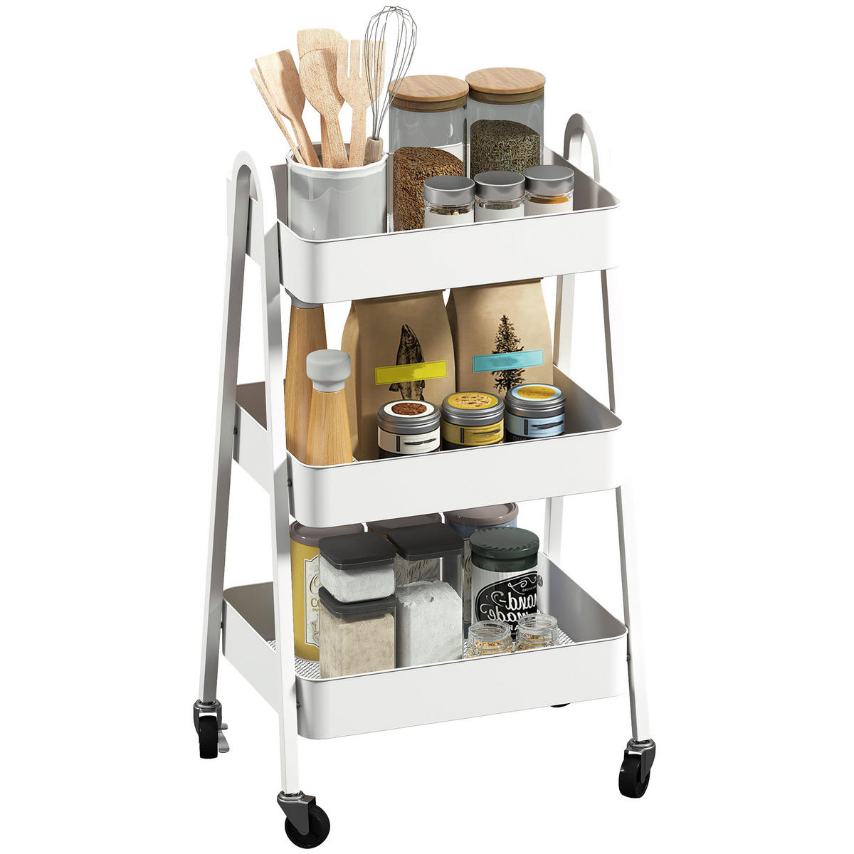 SERVIERWAGEN mit 3 Ebenen Küchenwagen mit Rollen Griff, Weiß - Weiß, Metall (42.4/74.5/29.8cm) - HOMCOM