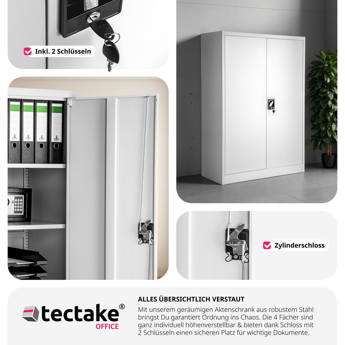 AKTENSCHRANK ,140 x 90 x 40 cm,grau - Grau, Metall (90/140/40cm) - tectake