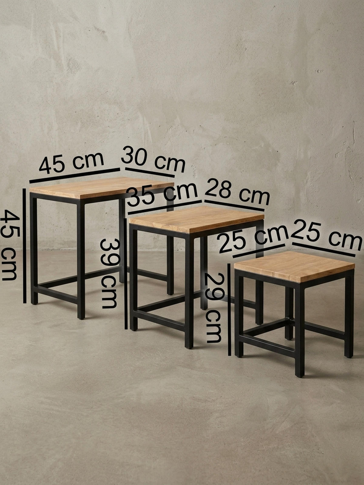 BEISTELLTISCH Set – 3-teilig Massivholz Metallbeine handgefertigt - Schwarz/Braun, Holz/Metall (30/45/45cm) - KADIMA DESIGN