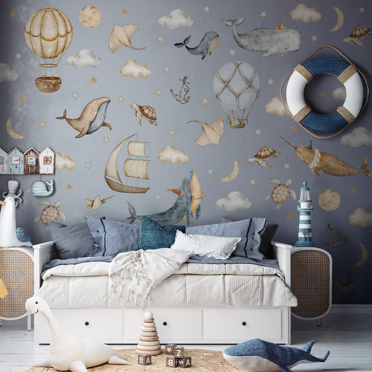 WANDSTICKER SET Wale Schildkröten Wolken Luftballons Sterne 120x60 - Beige/Braun, Papier (120/60/1cm) - Muralo