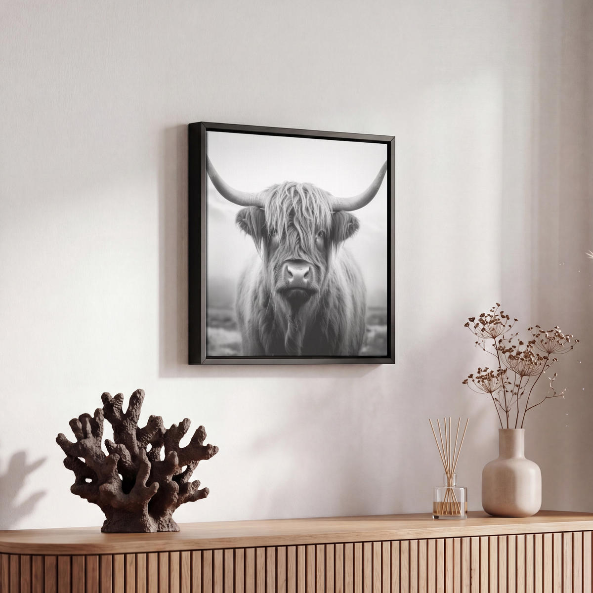 LEINWAND Bilder mit Rahmen - Schottischer Highlander - Nebel - Schwarz - Weiß - 20x20 - Grau, Textil (20/20cm) - MuchoWow