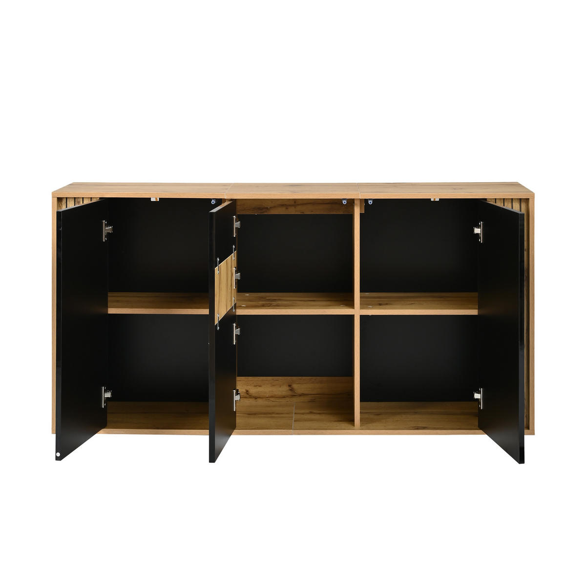 SIDEBOARD Schwarz Hochglanz & Holzton 3 Türen Wellenmuster - Naturfarben, Holzwerkstoff (140/71/35cm) - Urban Meuble