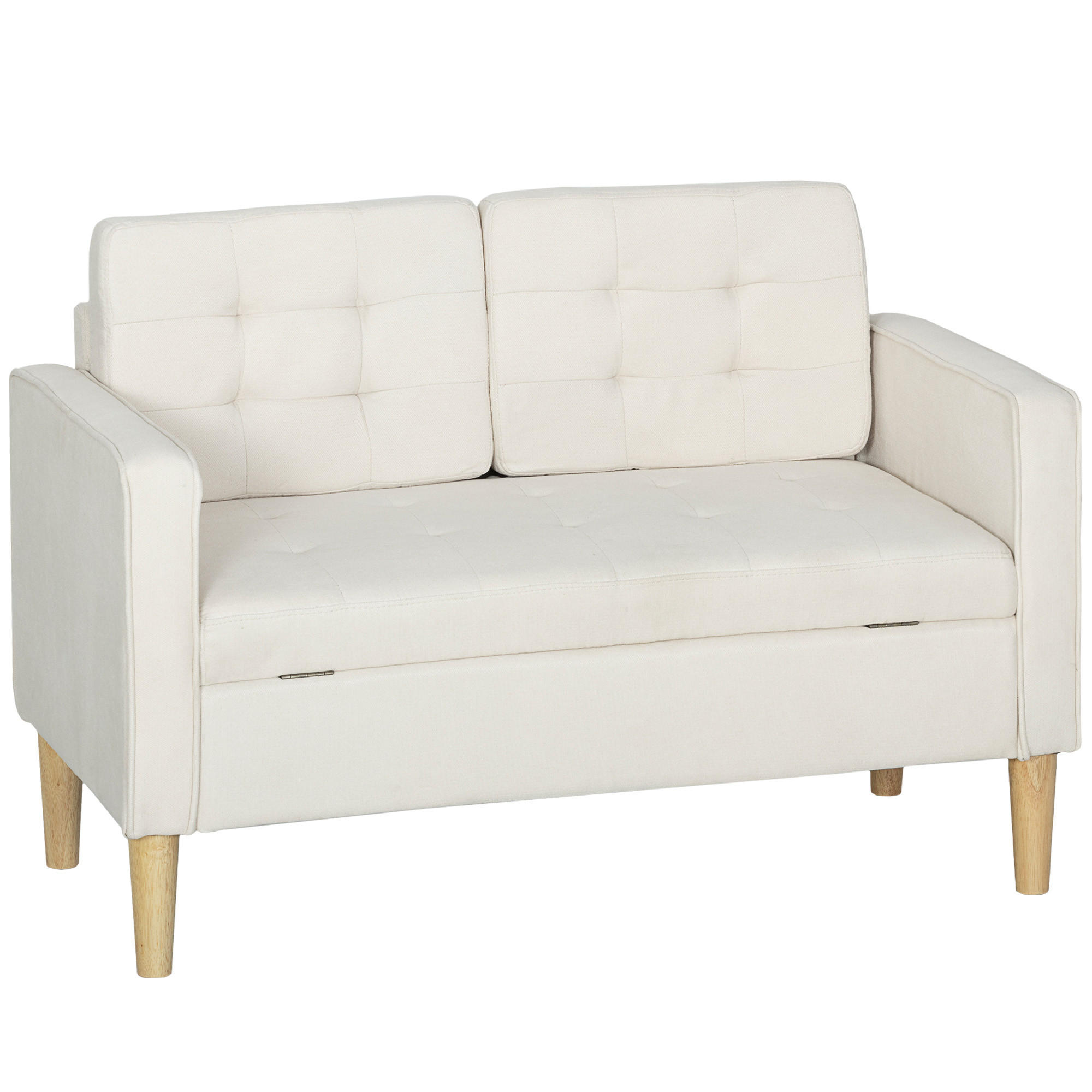 2 Sitzer Sofa, Couch mit Stauraum, Holzbeine, Gepolsterter Polstersofa, Cremeweiß - Eukalyptusholzfarben/Creme, Holz/Textil (62/78/117cm) - HOMCOM