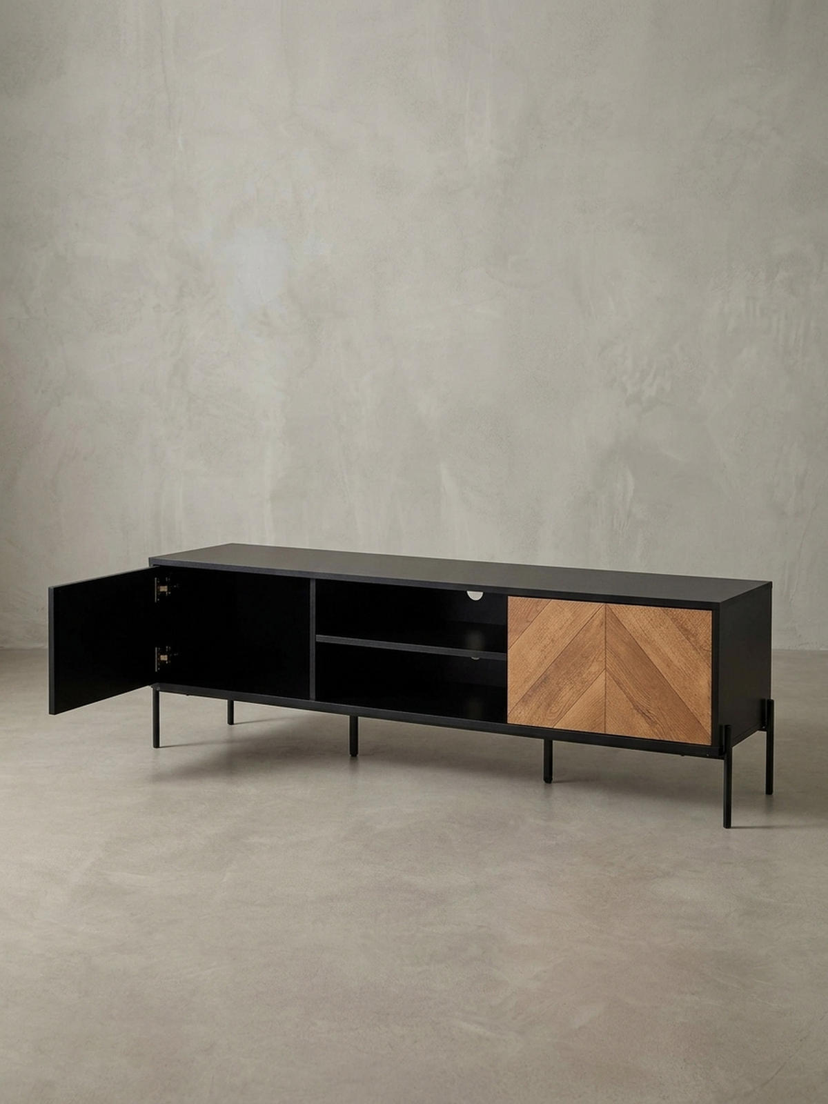 LOWBOARD Modern Stil mit V-Muster für 70-Zoll Fernseher - Schwarz, Holz/Metall (163/45/40cm) - KADIMA DESIGN