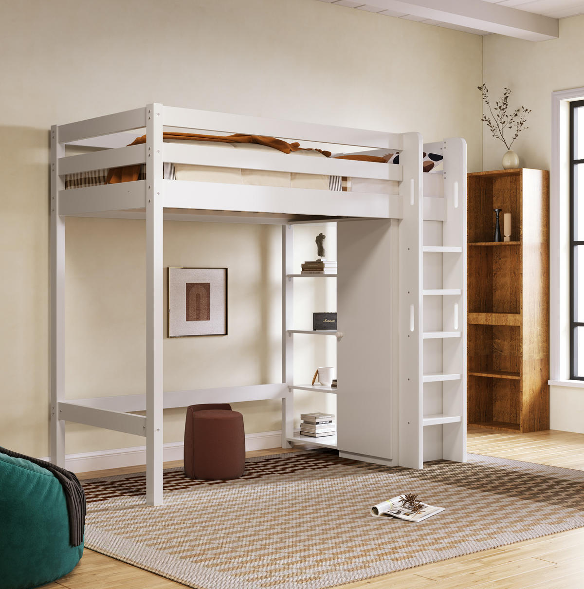 HOCHBETT 90/200 cm mit Kleiderschrank, 6 Regalen und flexibler Montage aus Massivholz und Spanplatte, Weiß - Weiß, Holzwerkstoff - Redom