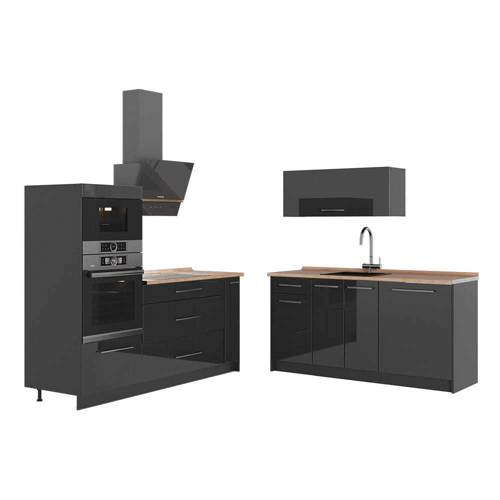 KÖK Fame-Line, Antracit högblank/antracit, 340 cm, AP Oak - Antracit/Svart högglans, Träbaserade material (340/153.6/60cm) - Vicco