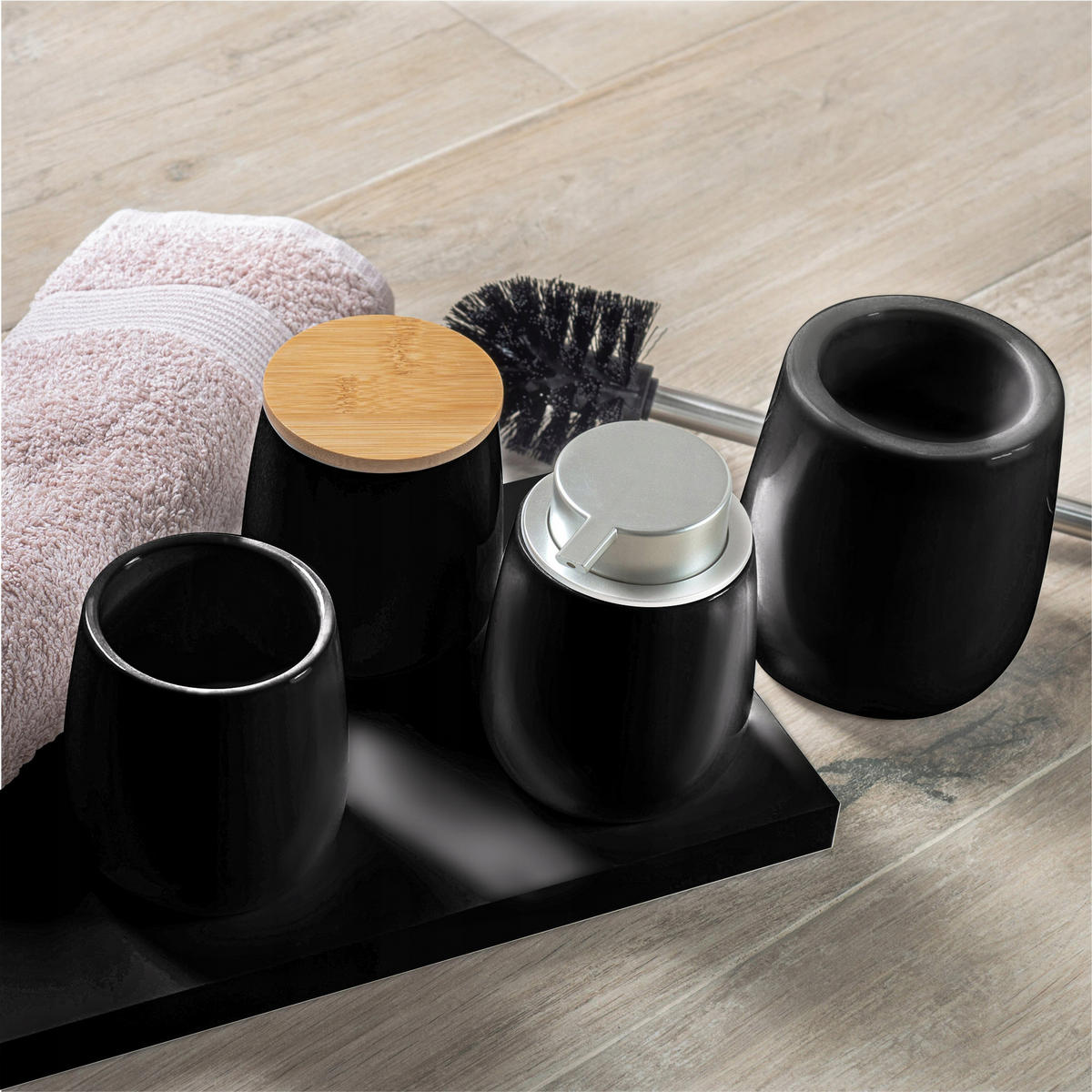 FLÜSSIGSEIFENSPENDER 12 cm, schwarz - Schwarz, Keramik (9.5/12.5/9.5cm) - KADAX