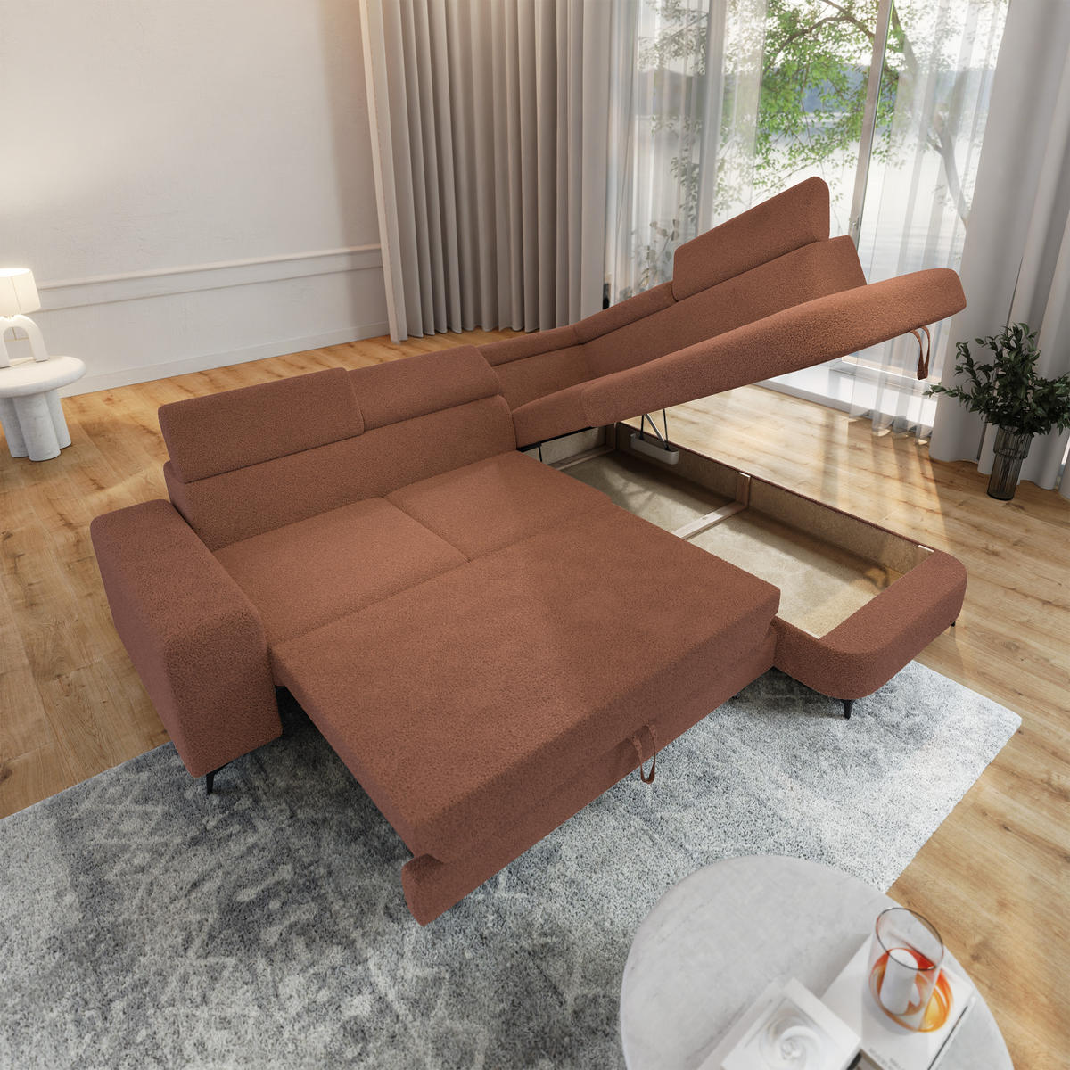 ECKSOFA ALVORO R-S Kupferfarben Boucle-Stoff mit Schlaffunktion - Kupferfarben, Holz (253/190cm) - MASSENO