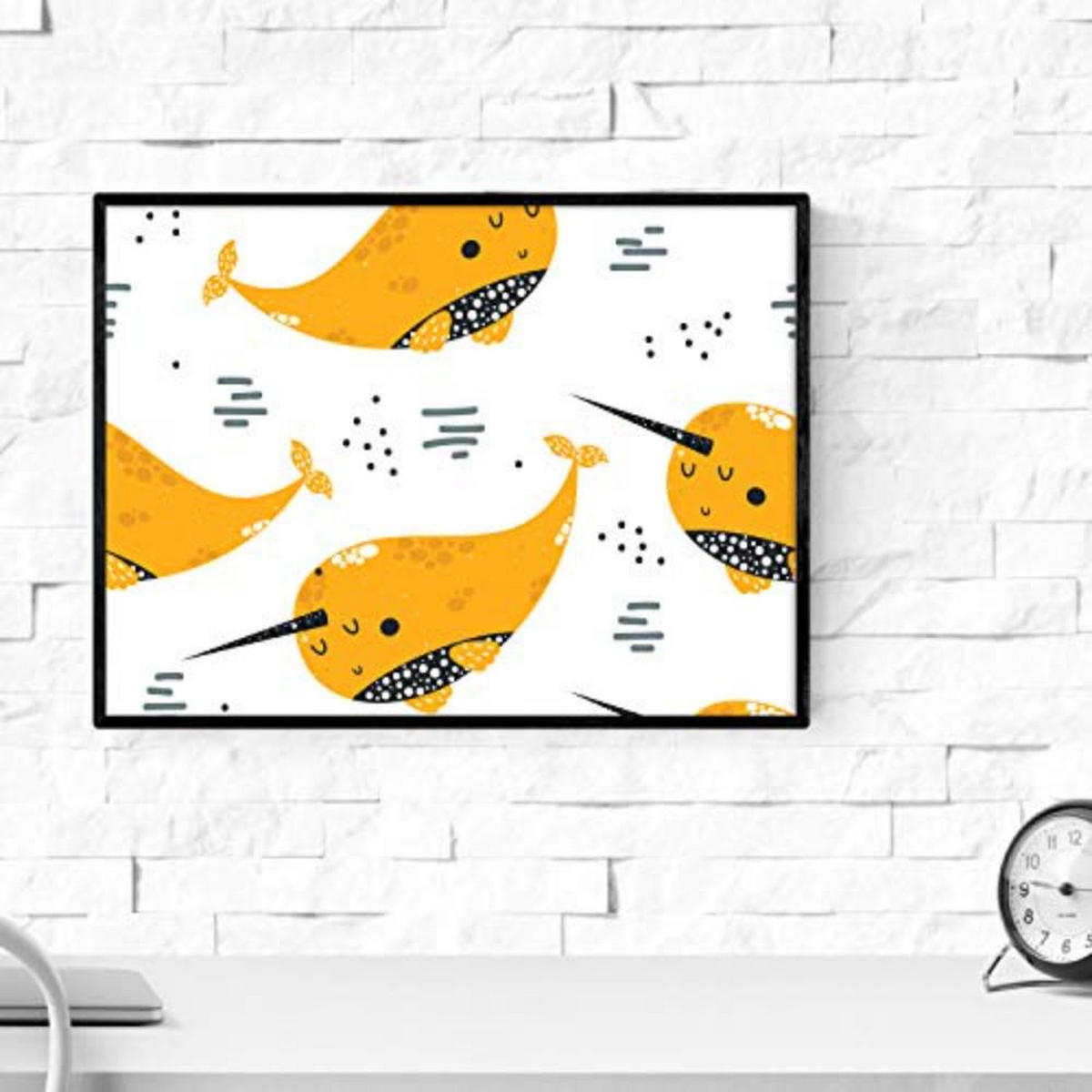 POSTER Set mit 4 Grauwal Orange Leuchtturm und Seestern A3 Schwarzer Rahmen - Schwarz, Papier (29.7/3cm) - Nacnic