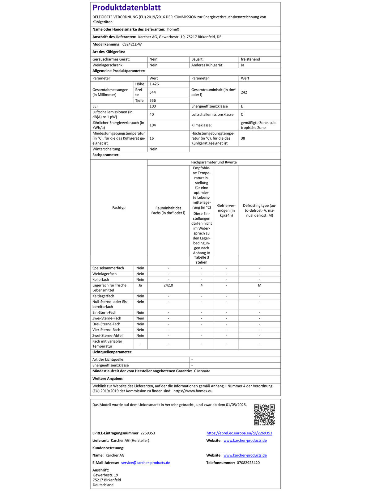 KÜHLSCHRANK ohne Gefrierfach groß - 242 Liter, freistehend, leise, weiß - Weiß, Kunststoff/Metall (54.4/142.6/55.6cm) - homeX
