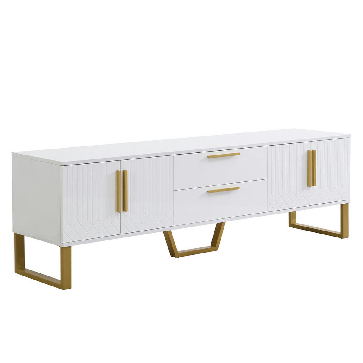 TV-SCHRANK Hochglanz Weiß goldene Griffe & Füße gravierte Textur - Weiß, Holz (45/22/71cm) - FLIEKS