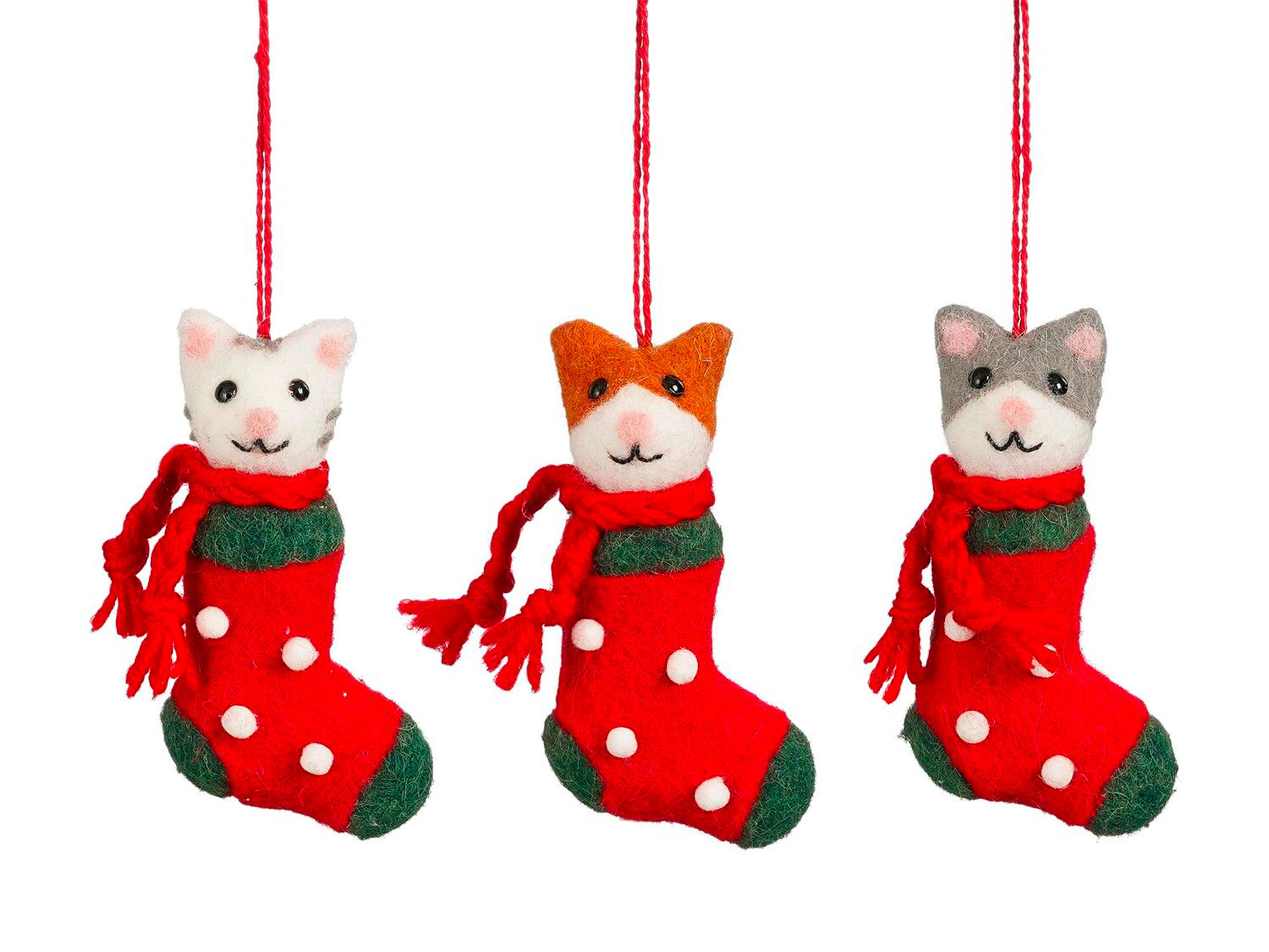 CHRISTBAUMKUGEL-SET 3 Ornamenten: Katzen im Weihnachtsmannstrumpf 13 cm - Rot/Weiß, Textil (20/20/20cm) - LAALU