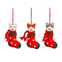 CHRISTBAUMKUGEL-SET 3 Ornamenten: Katzen im Weihnachtsmannstrumpf 13 cm - Rot/Weiß, Textil (20/20/20cm) - LAALU