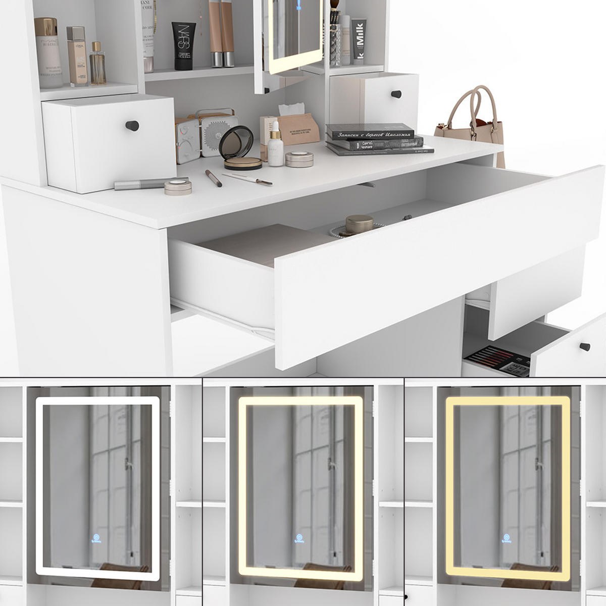 SCHMINKTISCH Livora Weiß 105.5 cm mit LED-Spiegel - Weiß, Holzwerkstoff (105.5/146.5/40cm) - Vicco