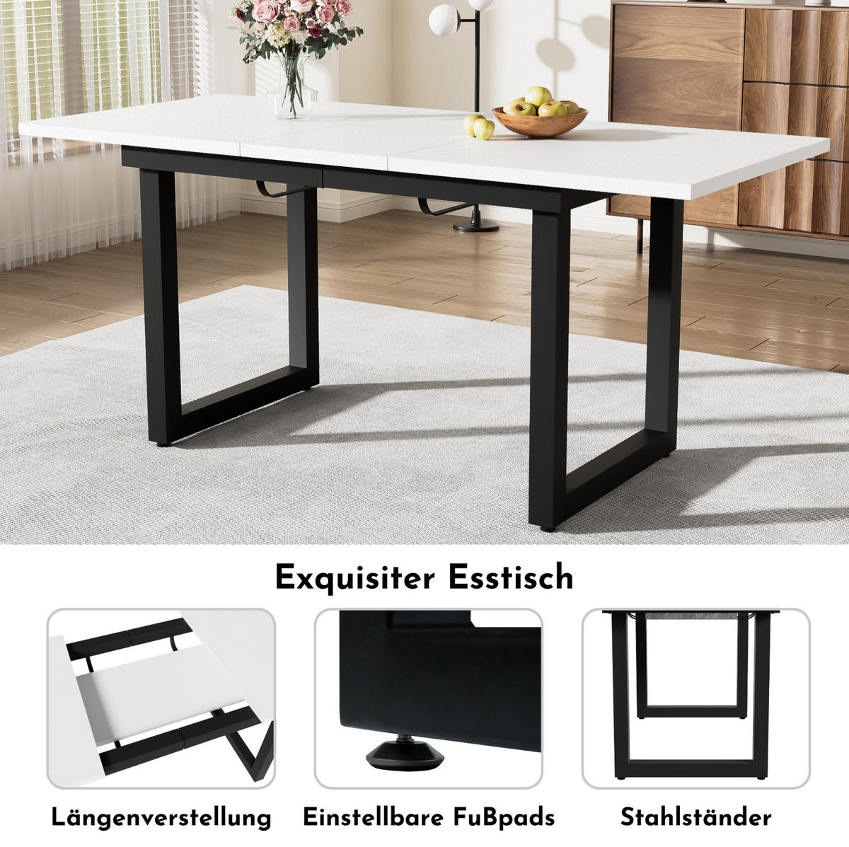 ESSTISCH 140/80/75 cm Weiß/Schwarz aus MDF mit Ausziehfunktion - Weiß, Holzwerkstoff (180/80/75cm) - OKMYHOME