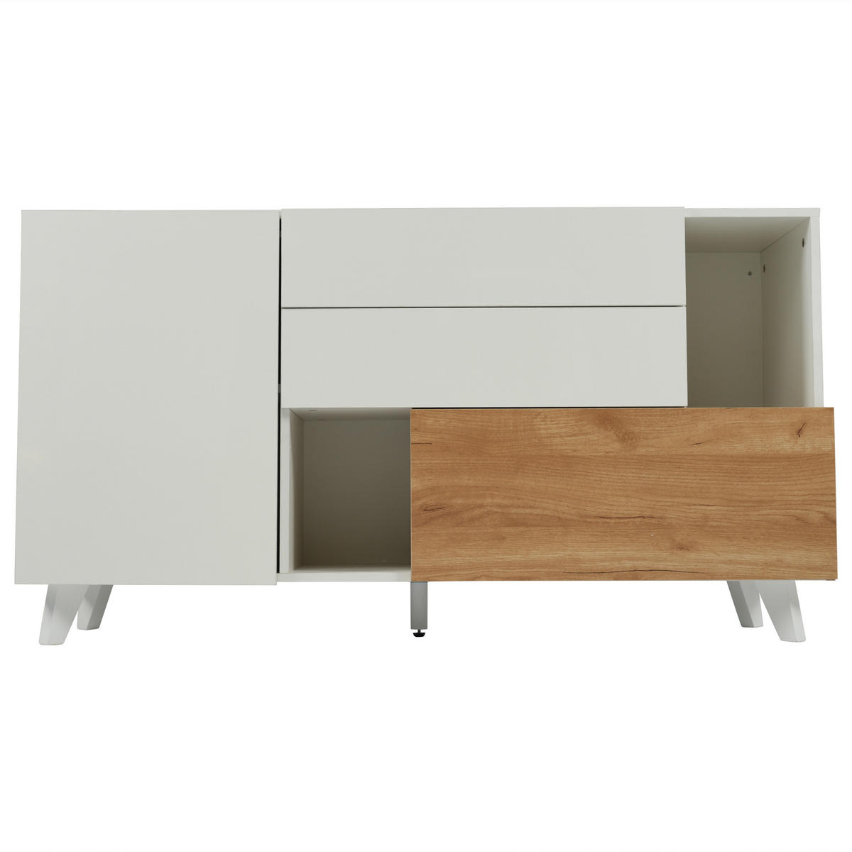 SIDEBOARD im skandinavischen Design mit Push-Open & 2 Schubladen, Weiß/Holz, Spanplatte - Weiß, Holzwerkstoff (130/70/40cm) - EVRYAE