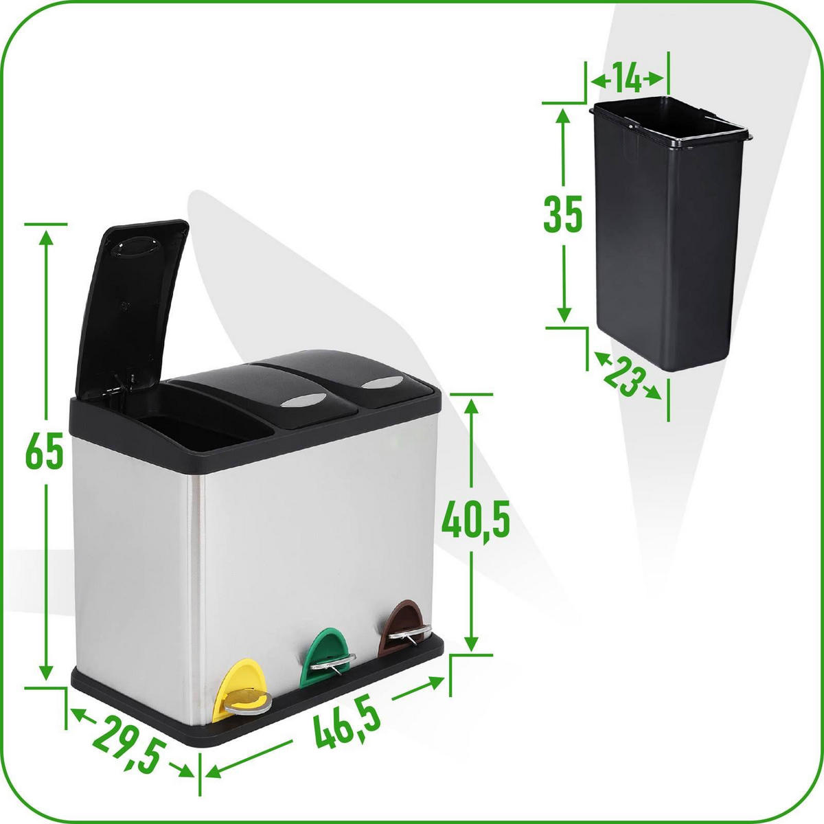 ABFALLSAMMLER 3-tlg. Edelstahl Schwarz 46,5/29,5/65 cm 24L - Silberfarben/Multicolor, Metall (46.5/40.5/29.5cm) - Begryf