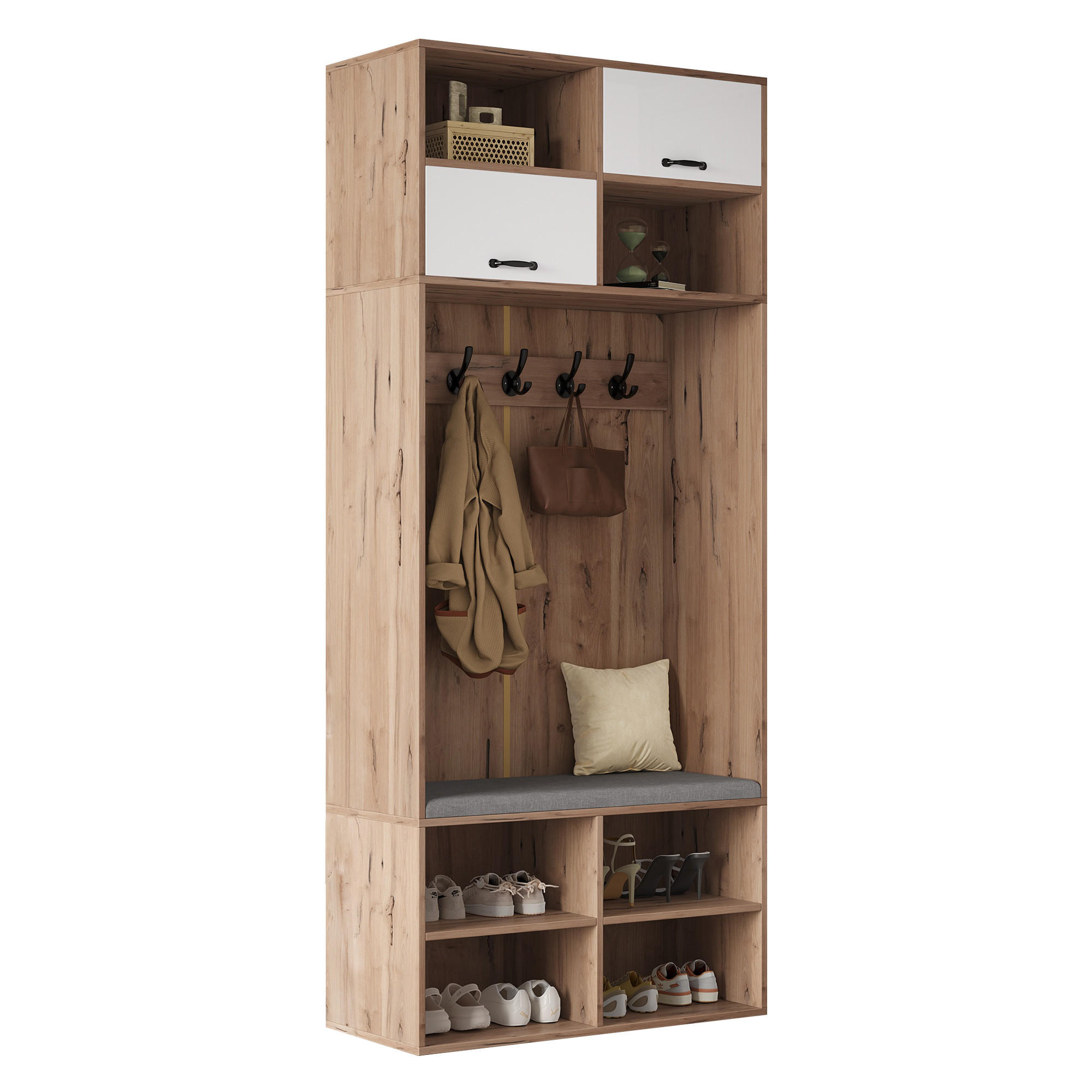 FLURGARNITUR mit Schuhbank 80 x 35 x 185 cm Weiß/Natur - Weiß, Holzwerkstoff (35/185/80cm) - Beauniv
